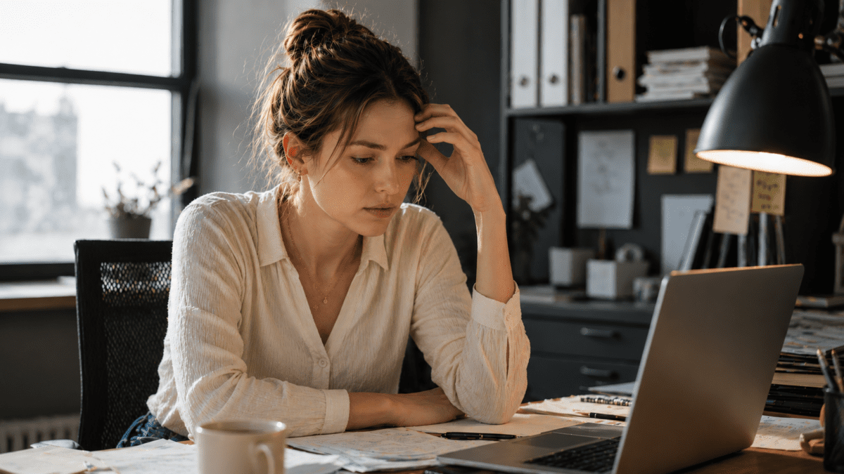 A woman sits at her desk, questioning your own reality as doubt spreads beyond a single moment.