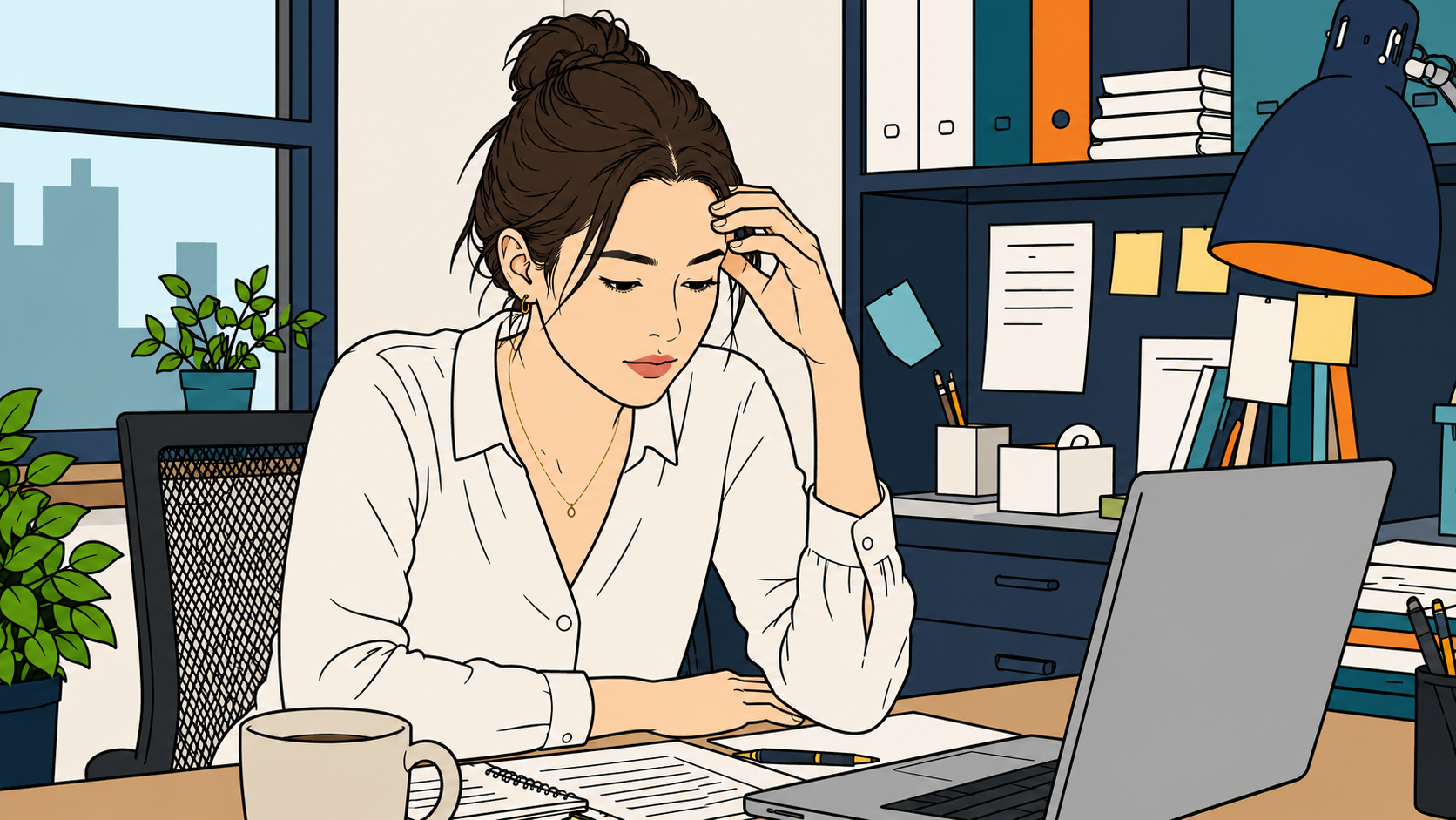 Minhwa-style illustration of a woman at her desk, questioning your own reality as doubt spreads.
