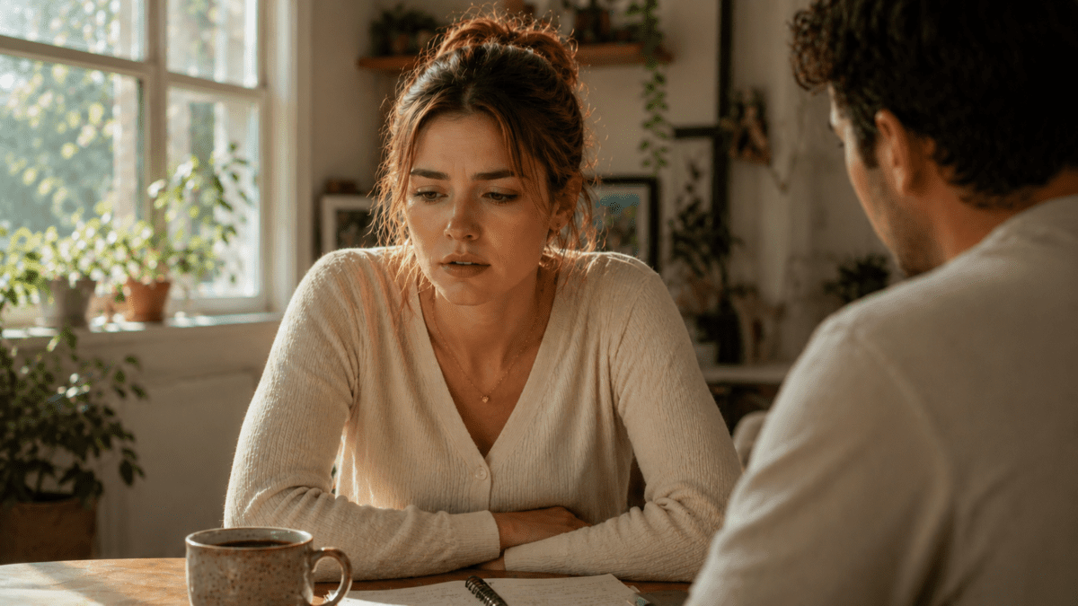 A woman sits across the table from a man, questioning your own reality as his certainty outweighs her memory.