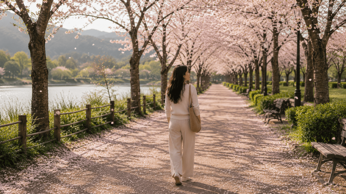 A woman walking alone along a quiet forest path, reflecting rejection sensitivity, emotional tension, and the fear of disappointing others.