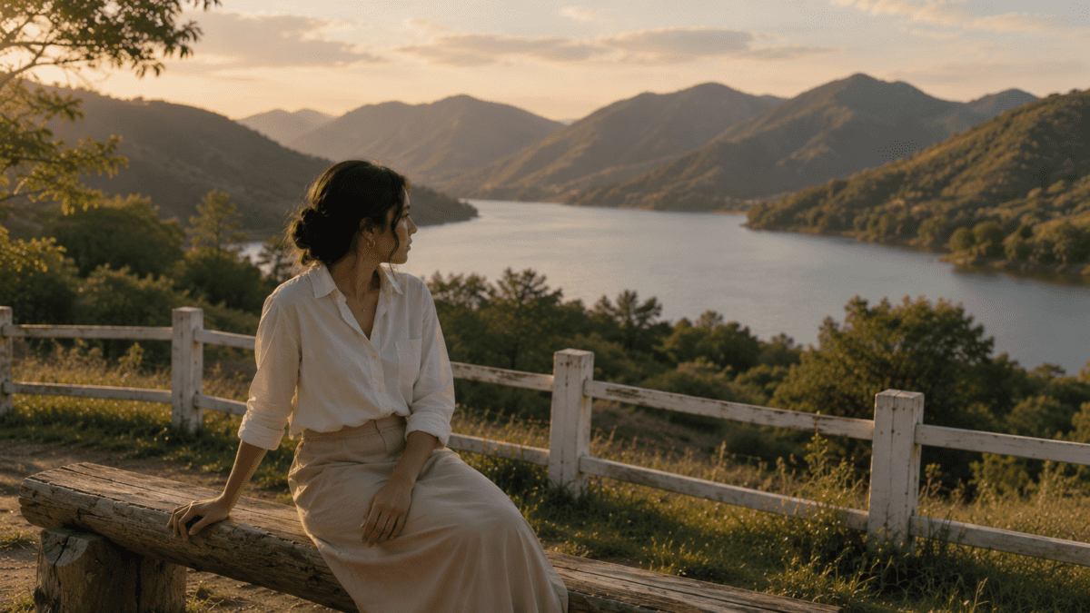 A woman sitting alone by a quiet lakeside bench, reflecting rejection sensitivity, emotional distance, and silent inner tension.