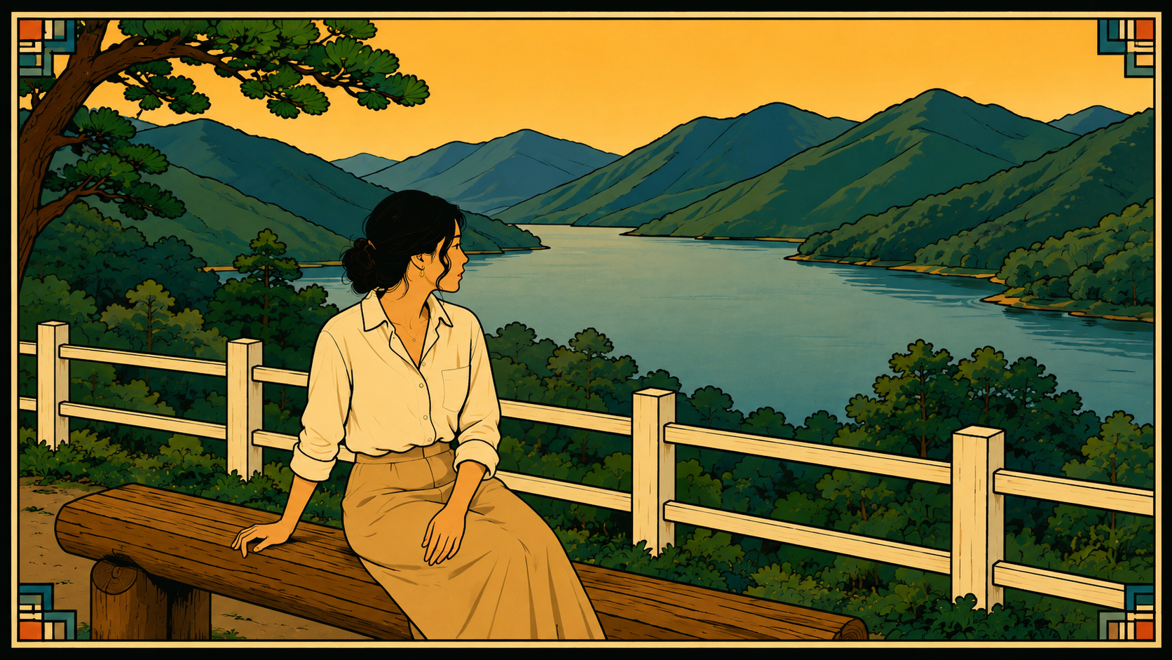Modern minhwa-style thumbnail of a woman sitting alone by a quiet lakeside, reflecting rejection sensitivity, emotional distance, and inner tension.