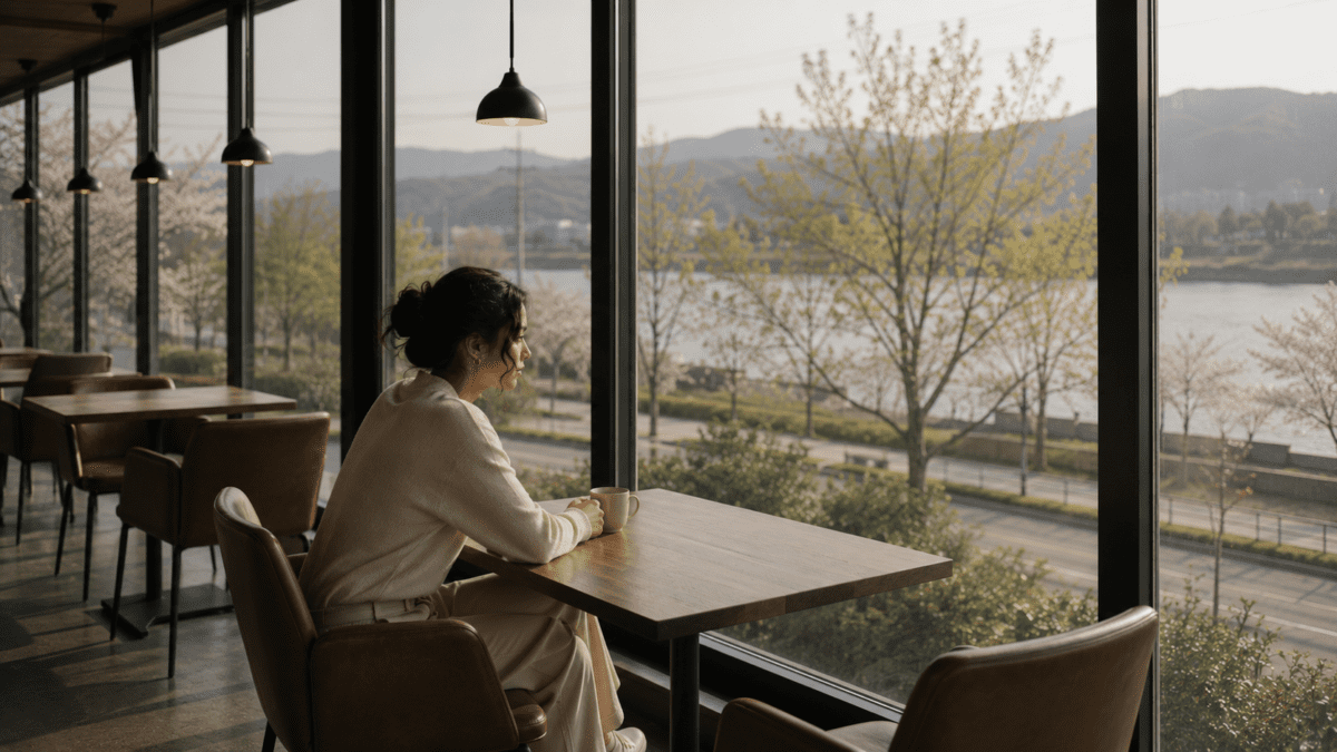 A woman sitting quietly in a café by the window, reflecting rejection sensitivity, emotional replay, and silent anxiety after setting boundaries.