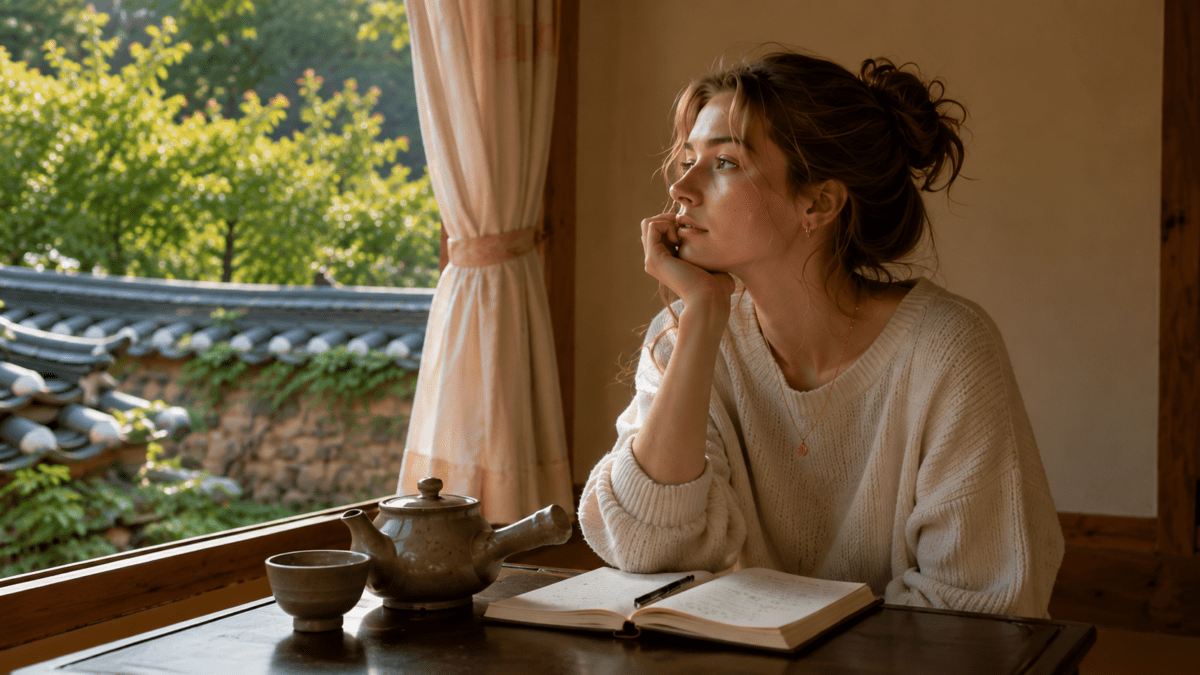 A woman sits at a Korean table, journal open, gazing out the window—the gap between relationship expectations and what actually arrived, still unresolved.