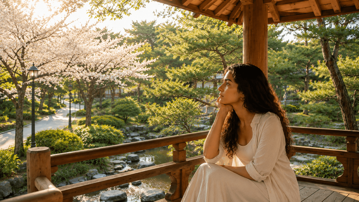 A woman sits alone in a Korean garden pavilion, gazing into the distance—the quiet interior of relationship fantasy, building a future before anything has been agreed to.