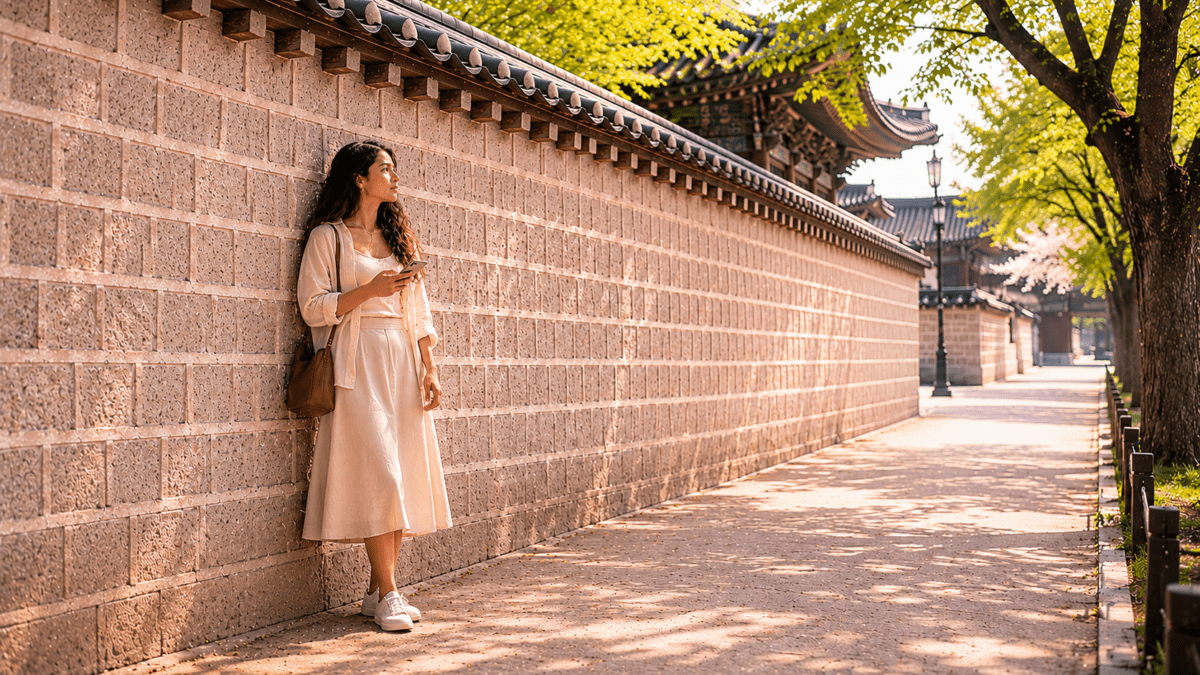 A woman leans against a palace wall, phone in hand, gazing into the distance—the relationship fantasy already running, the actual person nowhere in the scene.