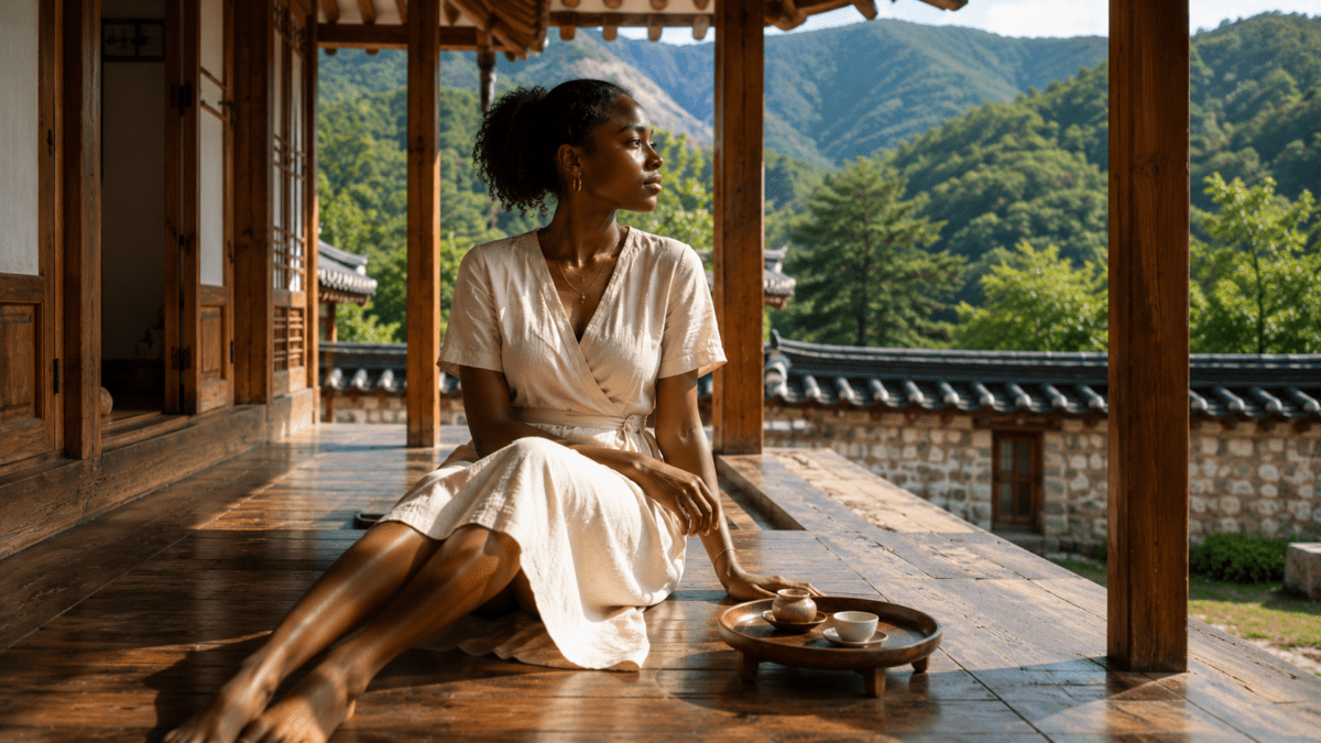 A woman sitting quietly on a traditional hanok porch, reflecting repressed anger, emotional suppression, and calmness used as self-protection.