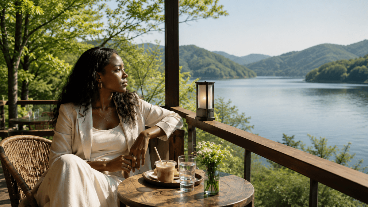 A woman sitting quietly by a lakeside terrace, reflecting repressed anger, emotional restraint, and the exhaustion hidden beneath politeness.