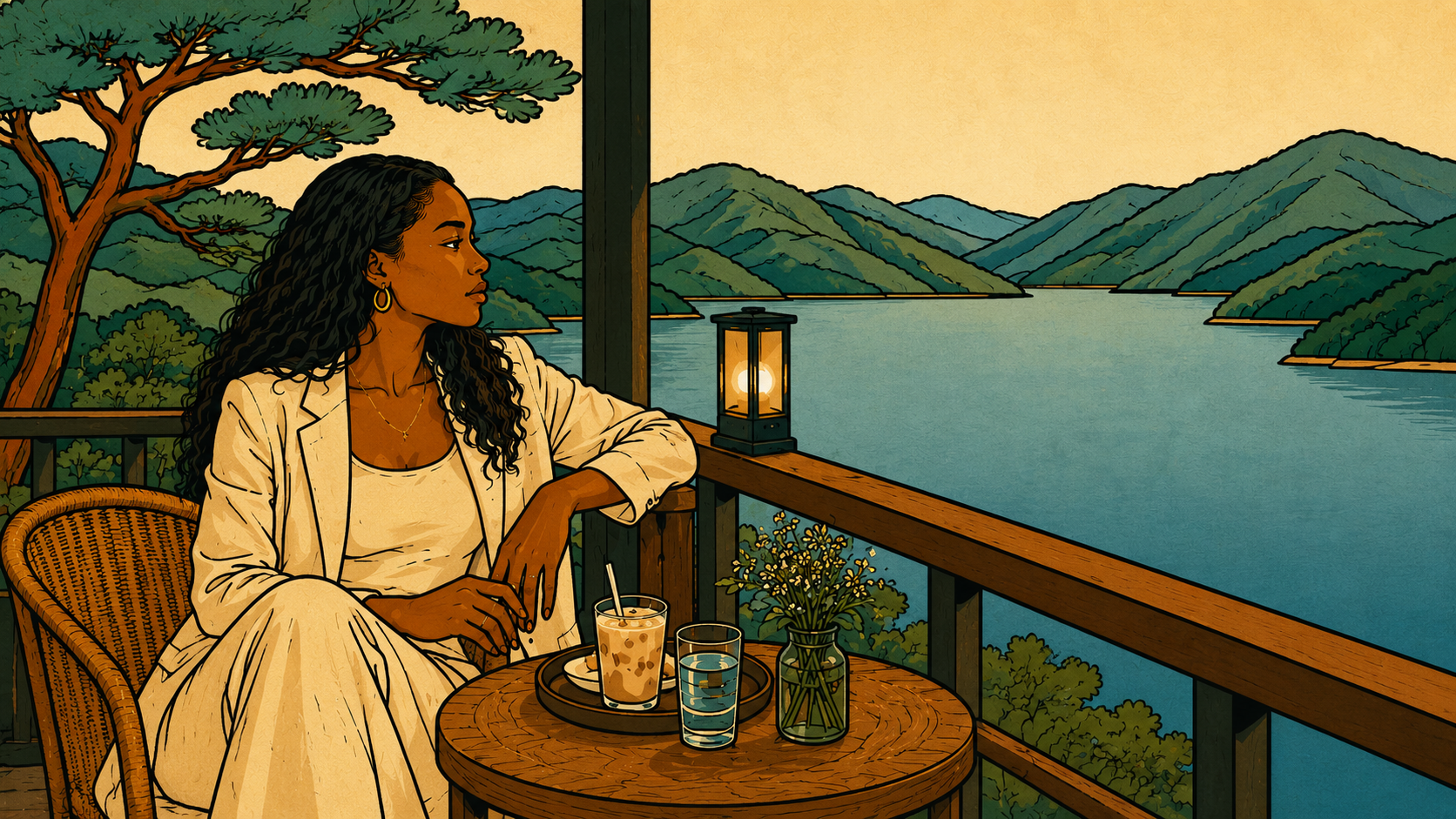 Modern minhwa-style thumbnail of a woman sitting by a quiet lakeside, reflecting repressed anger, emotional restraint, and hidden exhaustion beneath calmness.