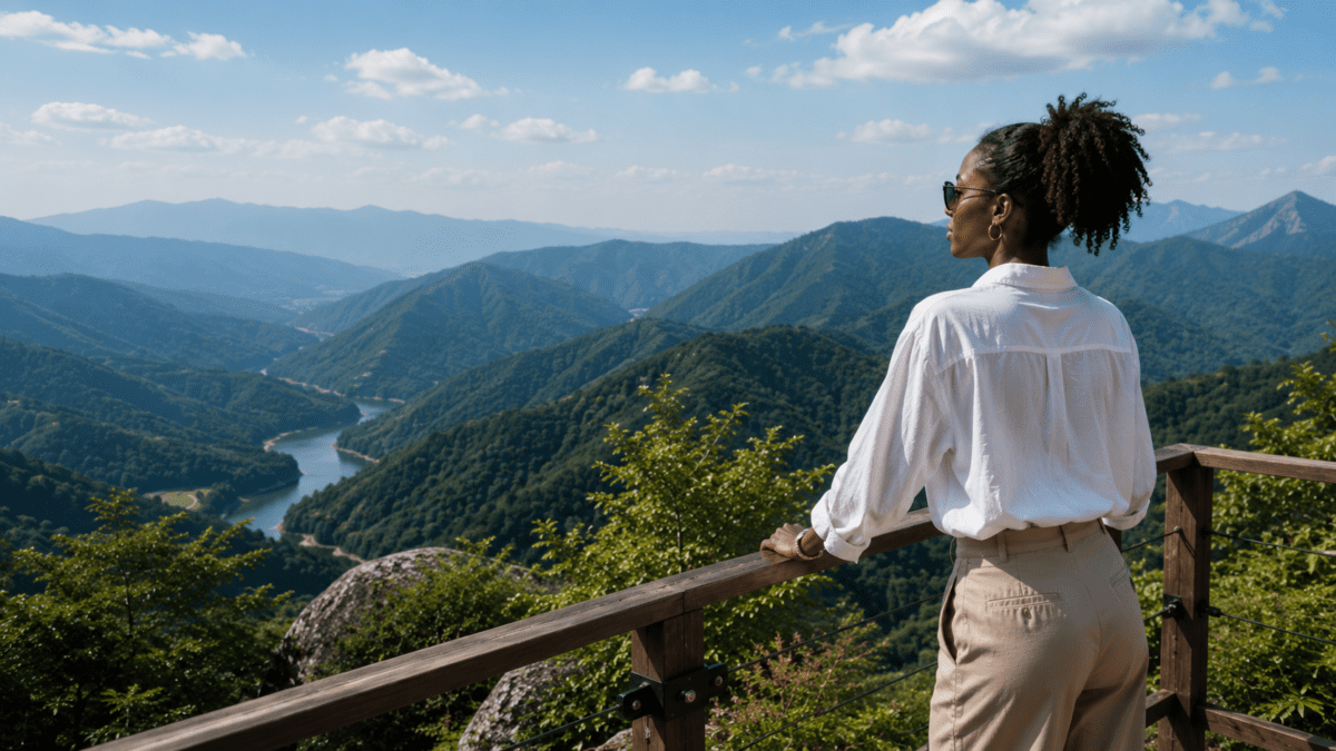 A woman standing alone at a mountain viewpoint, reflecting repressed anger, emotional distance, and the quiet weight of unspoken frustration.