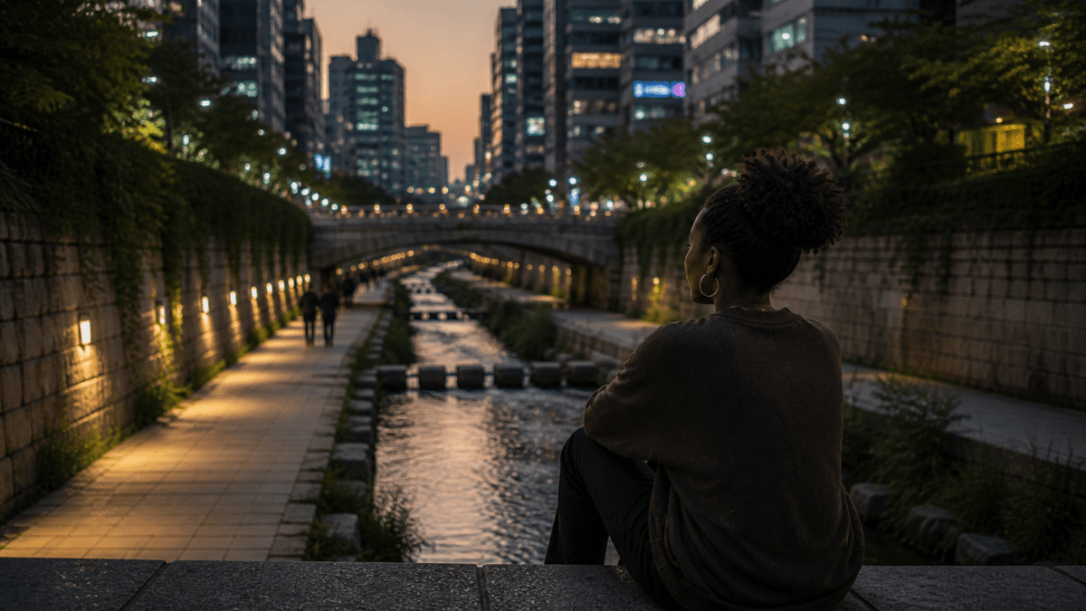 Woman responsible for others' emotions, sitting alone by the illuminated river at night, isolated in the city yet carrying the weight of managing everyone's feelings