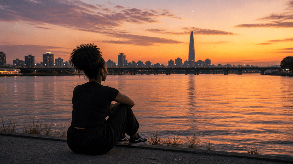Woman responsible for others' emotions, sitting alone by the river at golden hour, watching the city lights reflect on water, understanding where this burden began