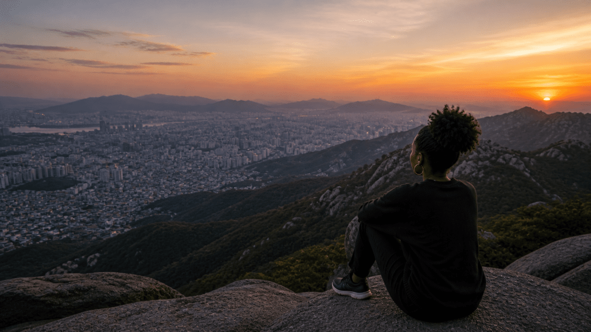 Woman responsible for others' emotions, sitting on a mountain peak at sunset overlooking the entire city, realizing when this emotional management strategy worked and when it failed