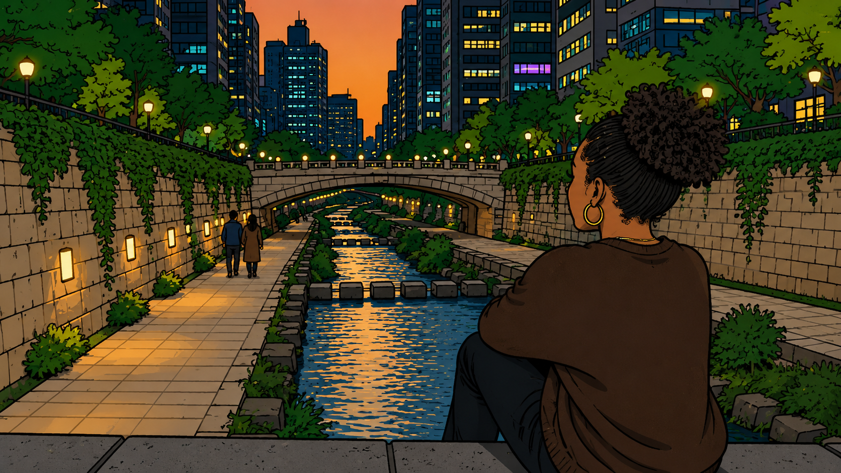A woman sitting alone by Cheonggyecheon stream at dusk, watching a couple walk away — responsible for others' emotions