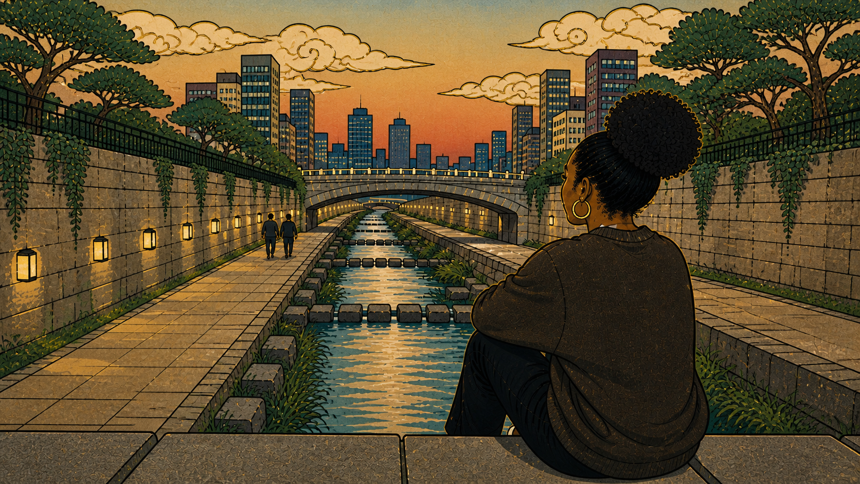 Woman responsible for others' emotions in illustrated Korean waterway at golden hour, sitting between tradition and modernity, understanding the inherited pattern of emotional responsibility