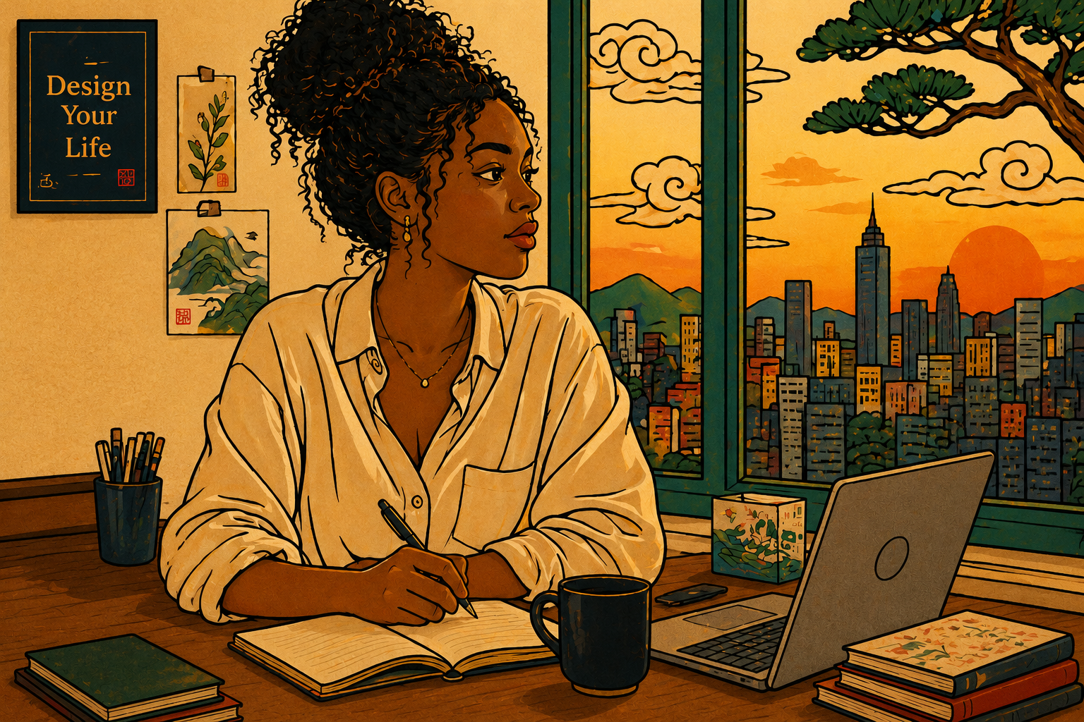 Type in motion: woman contemplating at desk with design affirmations and city skyline symbolizing constant self-knowledge meeting changing yearly conditions