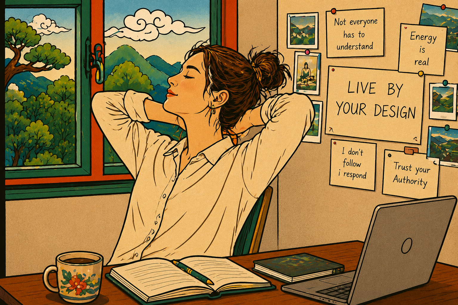Woman resting at desk integrating human design and K-Saju understanding while recognizing when her design meets the timing of the year