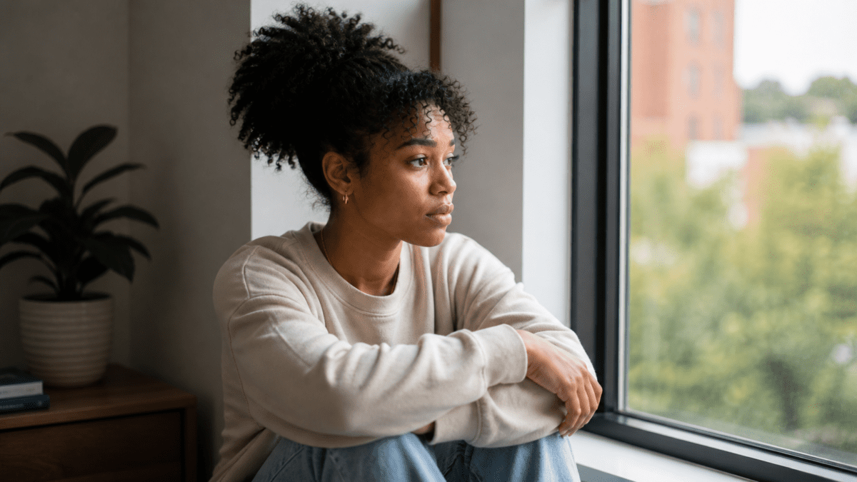 Woman saying sorry first, sitting by a window with arms wrapped around herself, lost in thought, contemplative and trapped in a repeating cycle of anxiety