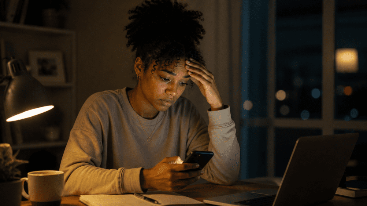 Woman saying sorry first, checking her phone late at night, anxious and worried, hand on her head while sitting alone at her desk