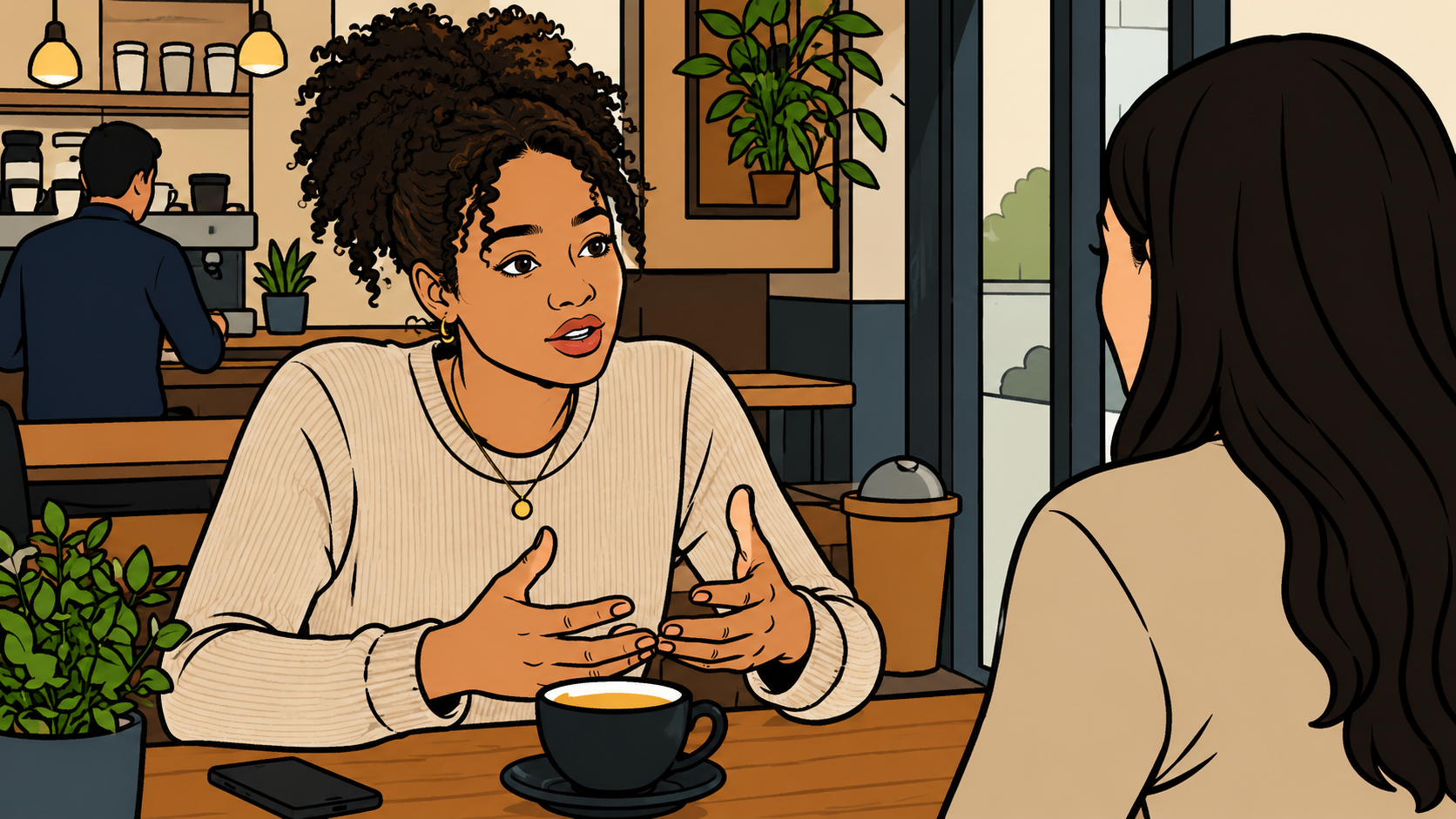 Woman saying sorry first in animated illustration, explaining herself to a friend in a warm, peaceful Korean-inspired café setting with lanterns and bonsai trees