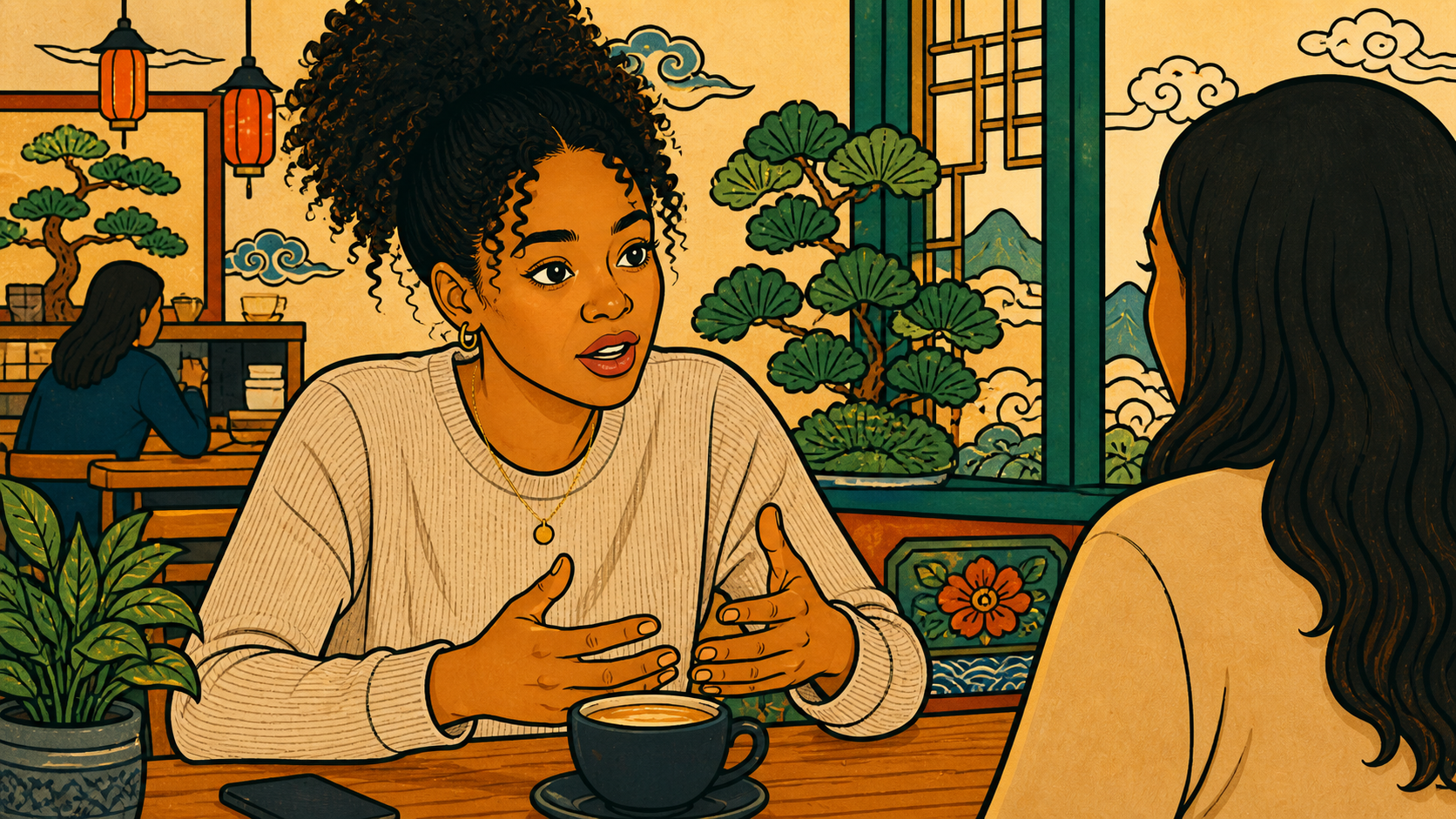 Woman saying sorry first in animated illustration, explaining herself to a friend in a warm, peaceful Korean-inspired café setting with lanterns and bonsai trees