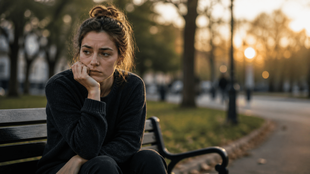Woman apologizing for things you didn't do, sitting alone on a park bench at sunset, lost in thought and looking confused about where the cycle began