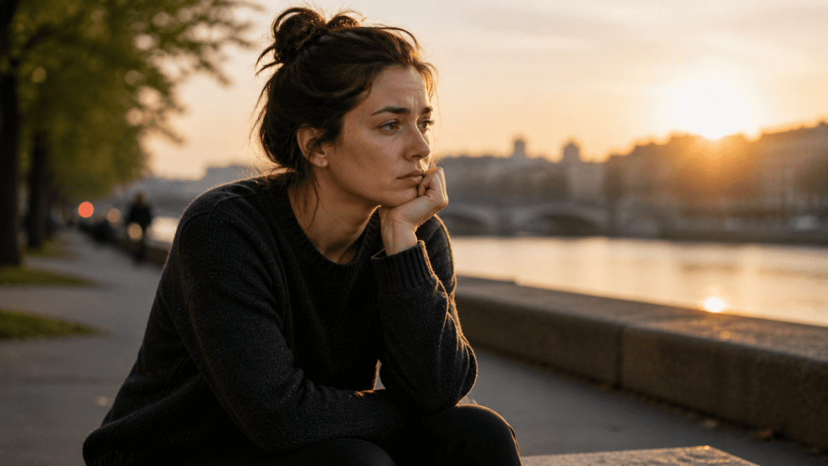 Woman apologizing for things you didn't do, watching the repeating cycle from a riverbank at dusk, trapped in the same pattern while life continues around her