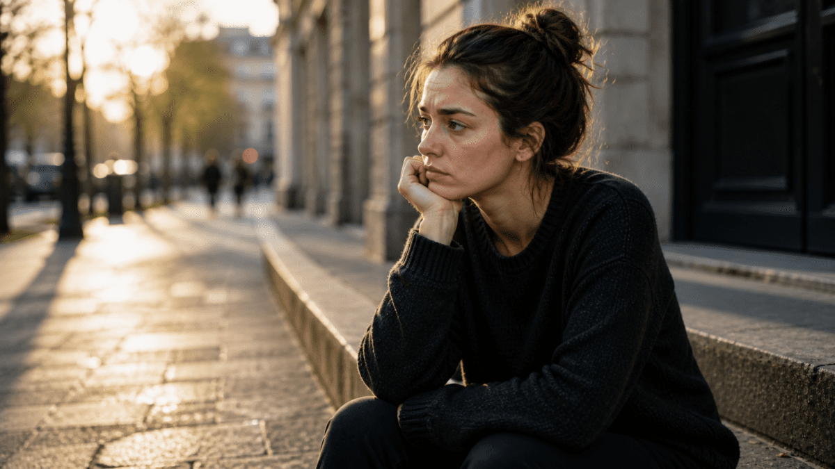 Woman apologizing for things you didn't do, sitting alone on a city street at dawn, confused and worried, realizing the cycle has become her new normal