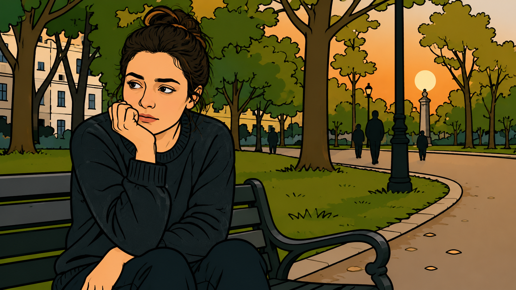 Woman apologizing for things you didn't do in illustrated hanbok garden at sunset, contemplative expression showing she's caught in the repeating cycle, K-saju style artwork with traditional and modern elements