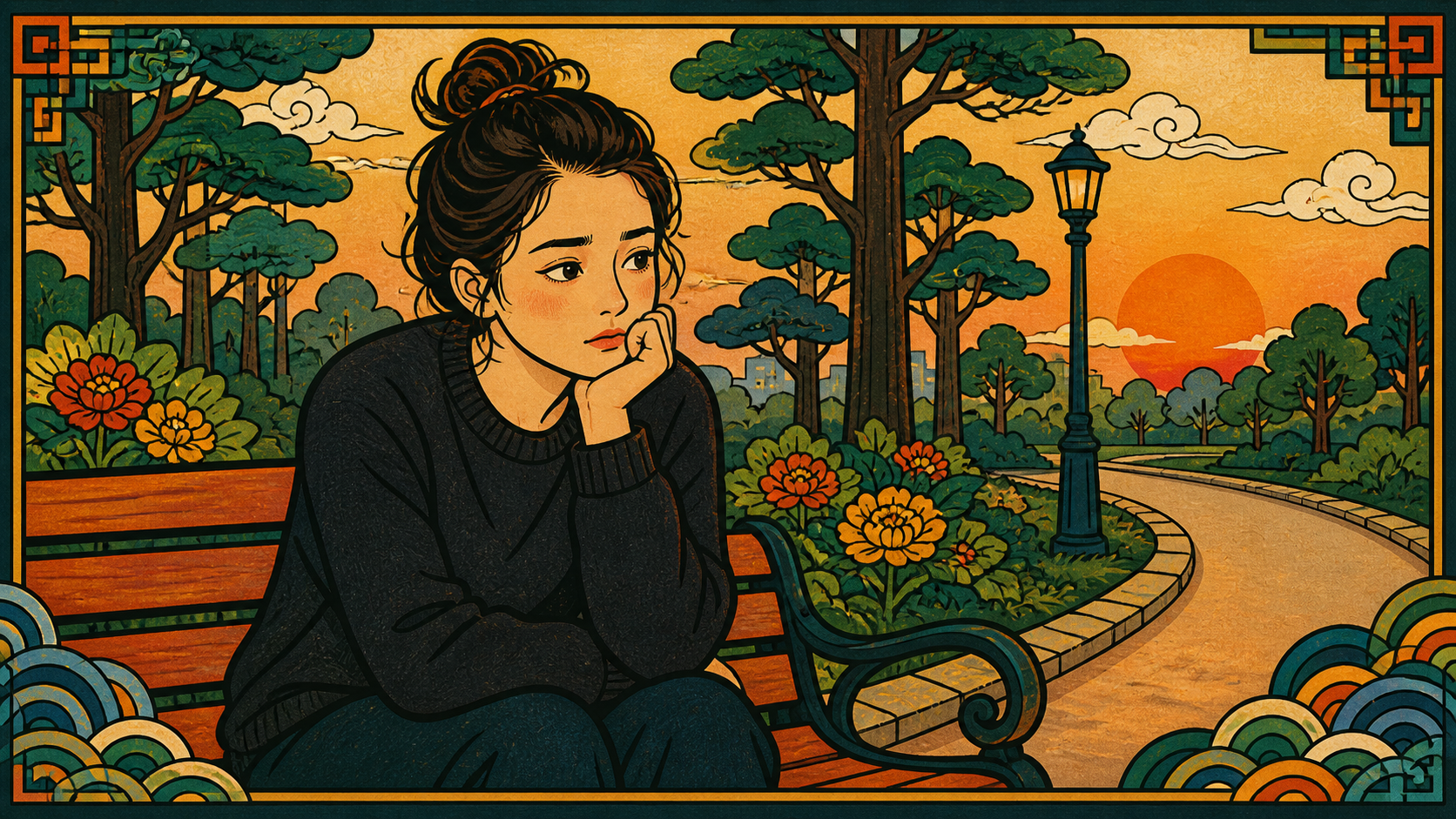 Woman apologizing for things you didn't do in illustrated hanbok garden at sunset, contemplative expression showing she's caught in the repeating cycle, K-saju style artwork with traditional and modern elements