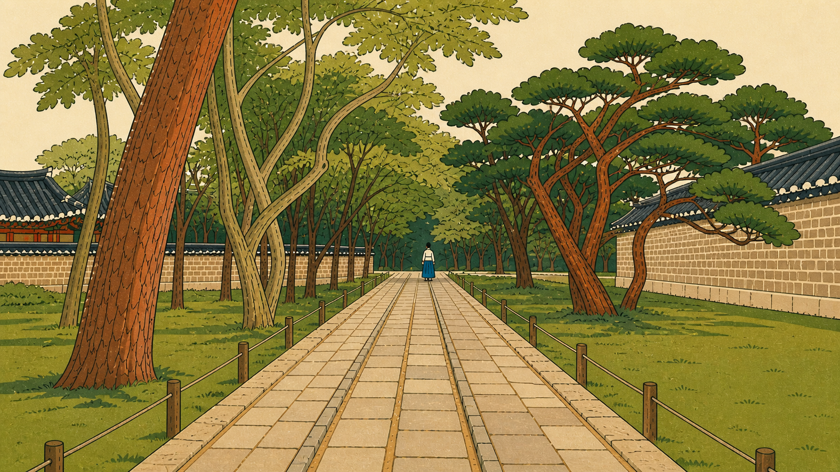 Illustration of a person walking a straight pathway through Korean traditional grounds, symbolizing how understanding school lunch system structure determines your next choice.