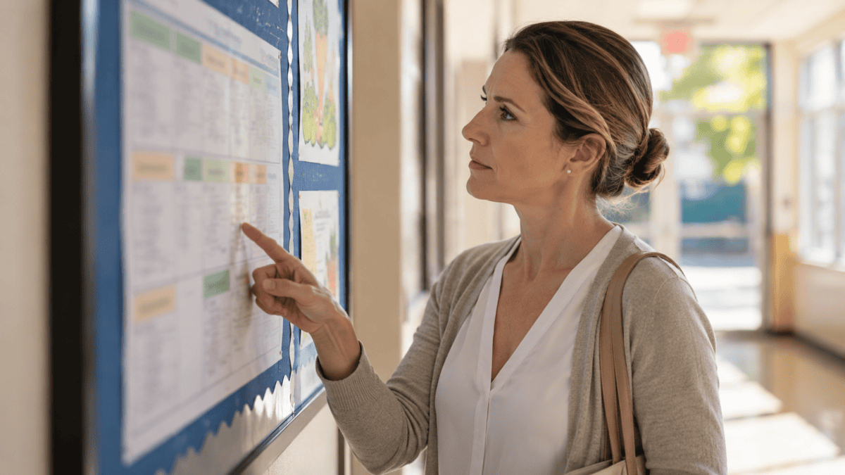 A woman examining a school menu board, learning to read her school lunch system structure