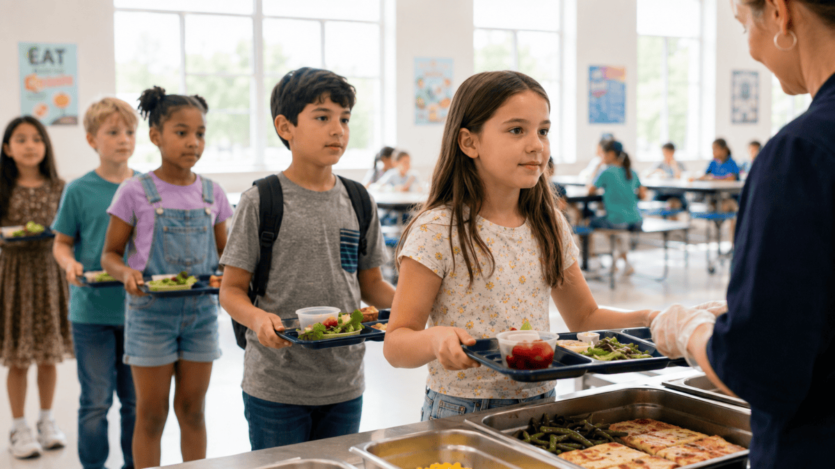 Children lining up with trays in a school cafeteria, a scene shaped by the school lunch system structure