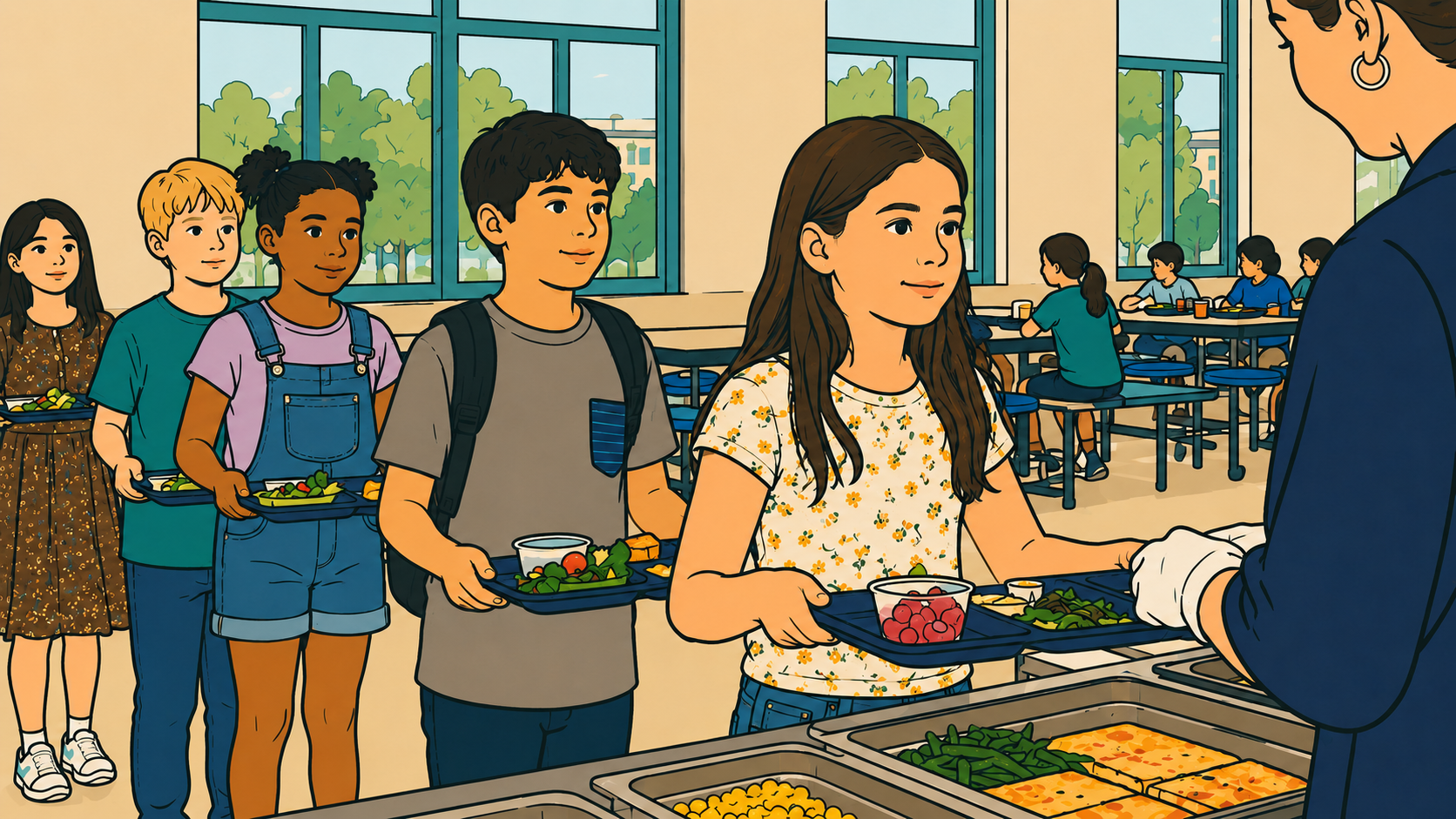 Illustration of children lining up in a school cafeteria, reflecting the school lunch system structure