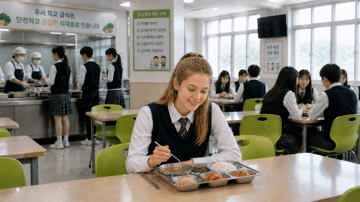 Student eating school lunch in Korean cafeteria showing how school lunch system structure organizes meal service and dining.