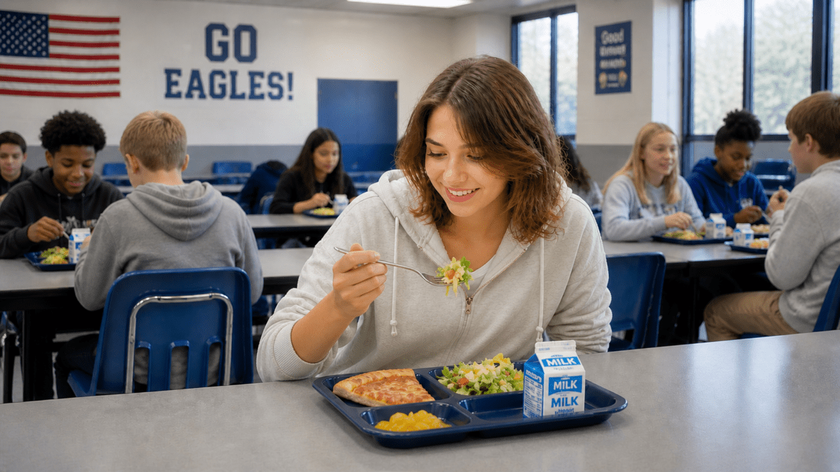 American school student eating lunch in cafeteria showing how school lunch system structure differs from Korean approach.