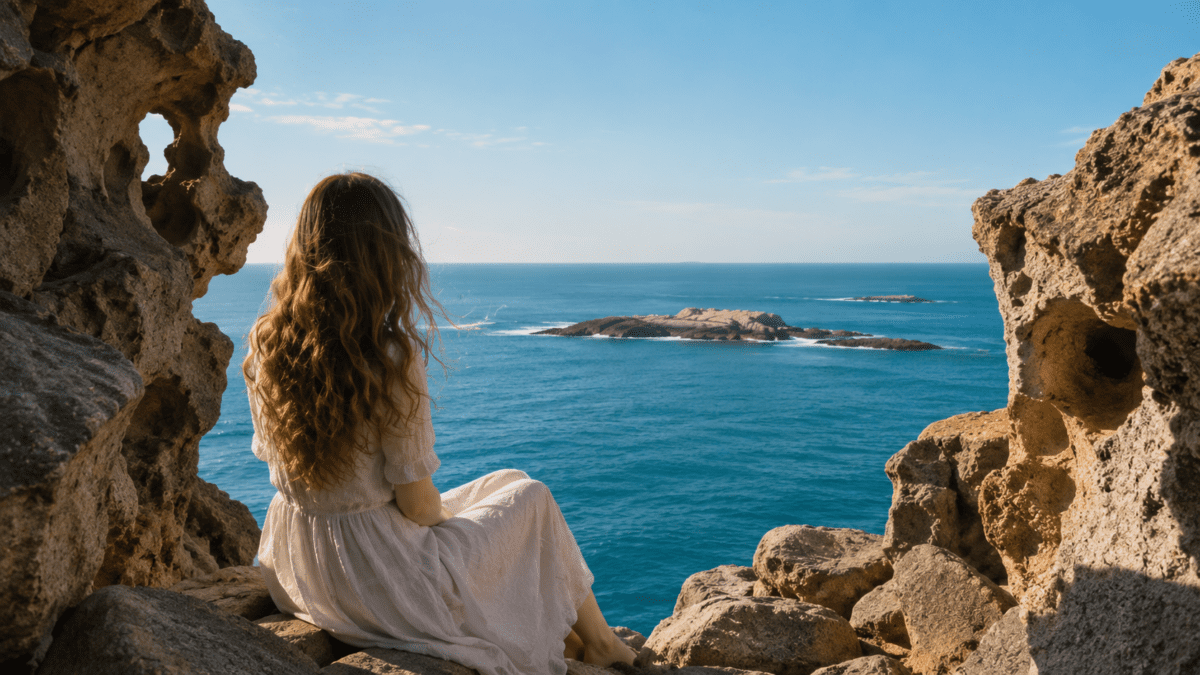 Realistic coastal scene for self abandonment, featuring a woman sitting between seaside cliffs in Goseong, Korea.