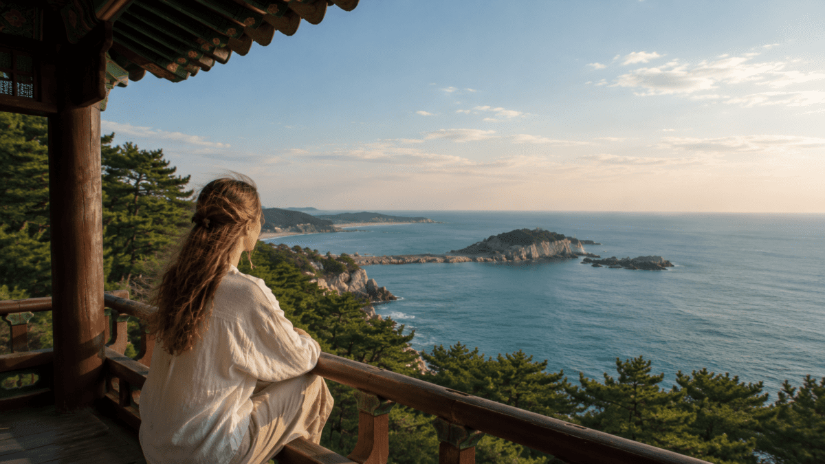 Realistic coastal pavilion scene for self abandonment, featuring a woman overlooking the East Sea in Goseong, Korea.