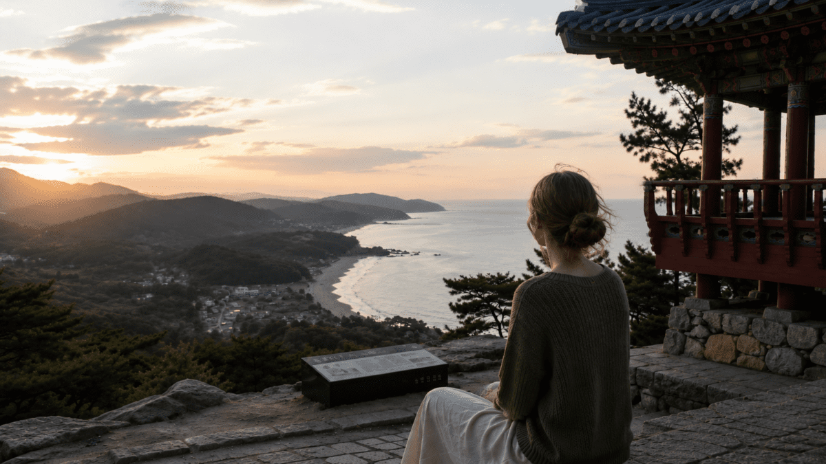Realistic seaside pavilion view for self abandonment, with a woman overlooking the Goseong coastline at sunset.