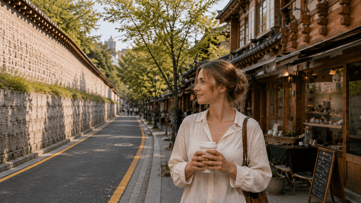 Woman holding a coffee cup while walking along a quiet alley with traditional stone walls, hanok-style cafes, and calm afternoon atmosphere.