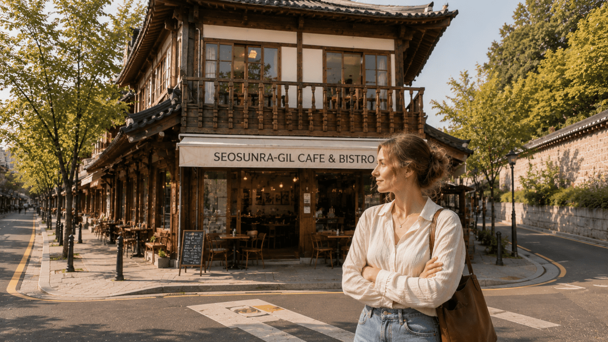 Woman standing in front of a hanok-style cafe with traditional architecture, quiet streets, and warm afternoon light in Jongno.