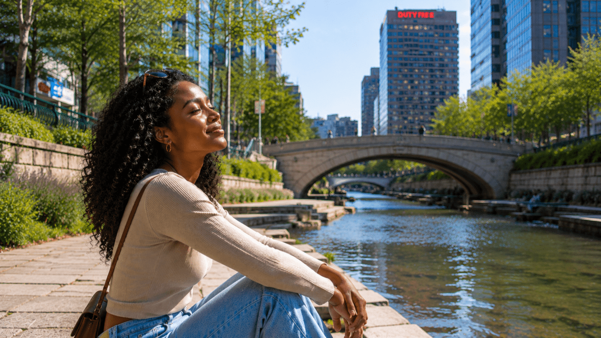 A woman sits beside the stream, eyes closed, face turned toward the sun. Behind her, the city Seoul buried for fifty years. The water returned anyway.