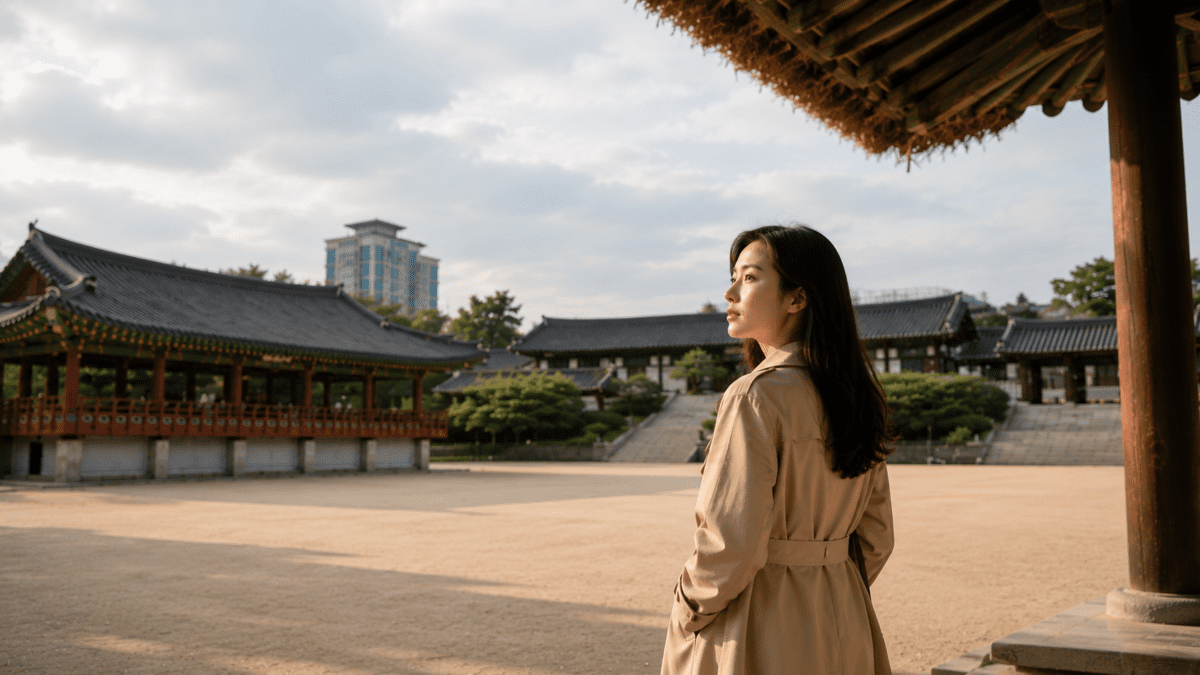 Woman stands quietly in a traditional courtyard, holding care and affection that were never spoken aloud.