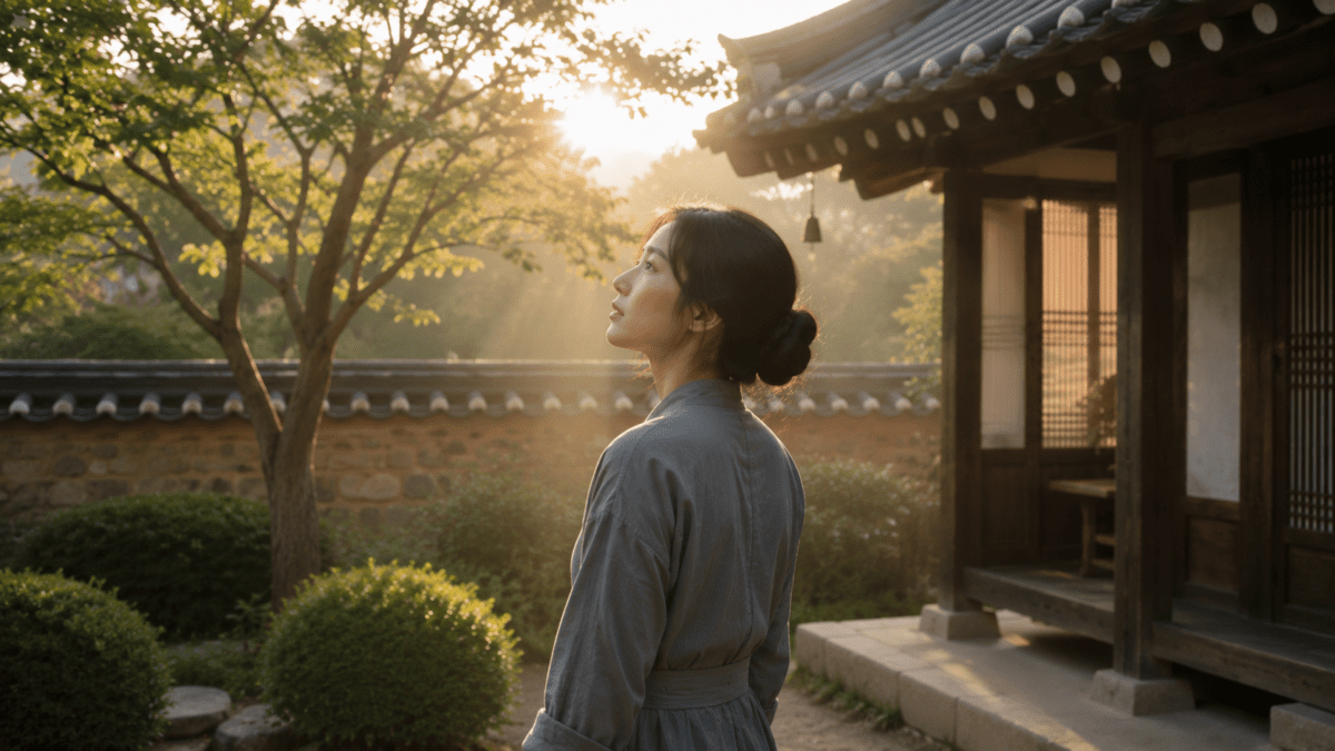 Woman looking up at early sunlight beside a hanok in a garden, embodying the first emergence in the snake hour meaning.