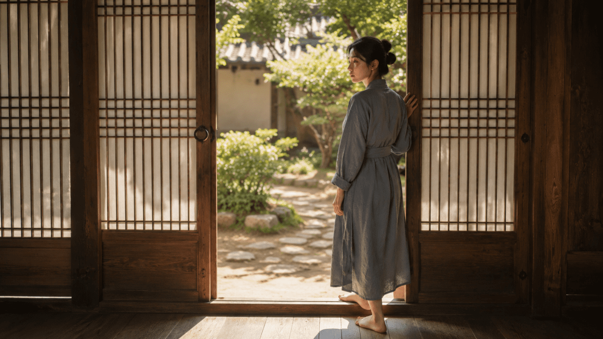 Woman standing at a half-open hanok door looking outside, reflecting the partial visibility in the snake hour meaning.