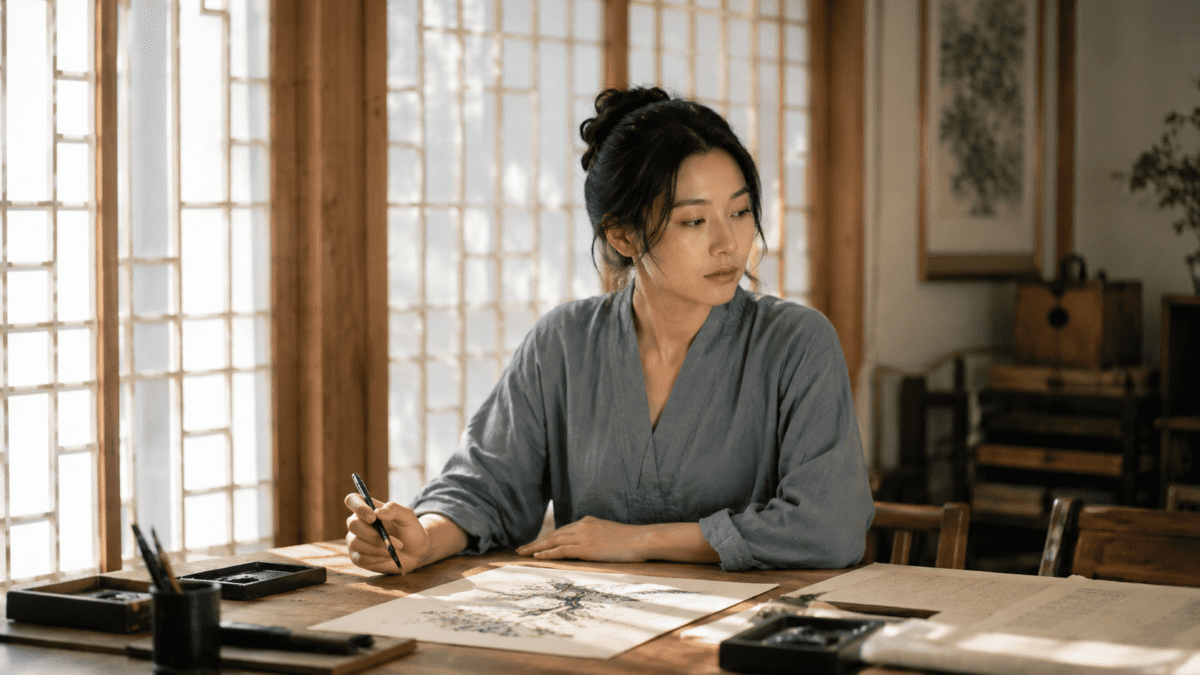 Woman pausing mid-brushstroke at her desk with ink and paper, capturing the unfinished work in the snake hour meaning.
