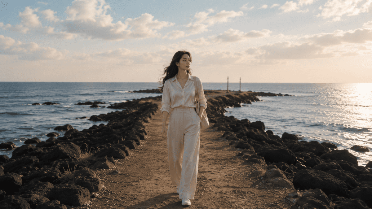 social masking concept image of a woman walking alone along a quiet coastal path at sunset, reflecting emotional distance and hidden feelings