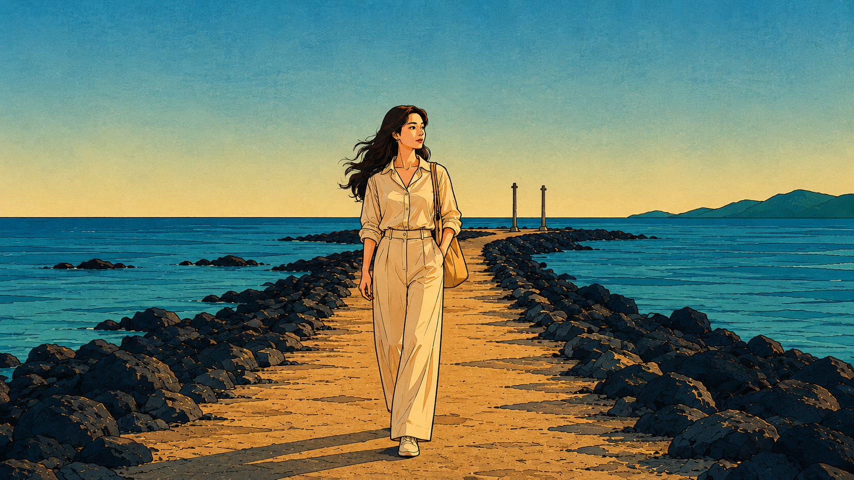 social masking themed modern minhwa thumbnail showing a solitary woman on a coastal path, expressing emotional distance, quiet observation, and hidden exhaustion