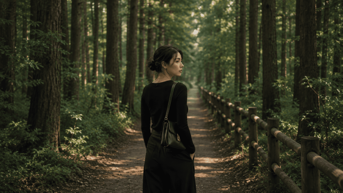 social masking concept image of a woman standing alone on a forest path, capturing emotional monitoring, silence, and constant self-awareness