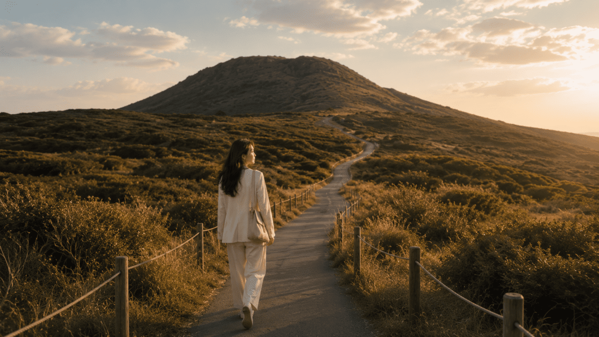 social masking concept image of a woman walking alone on a quiet hill path, symbolizing emotional exhaustion, self-control, and inner isolation